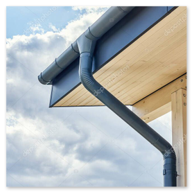 Montierte Dachrinne mit Fallrohr an Fassade