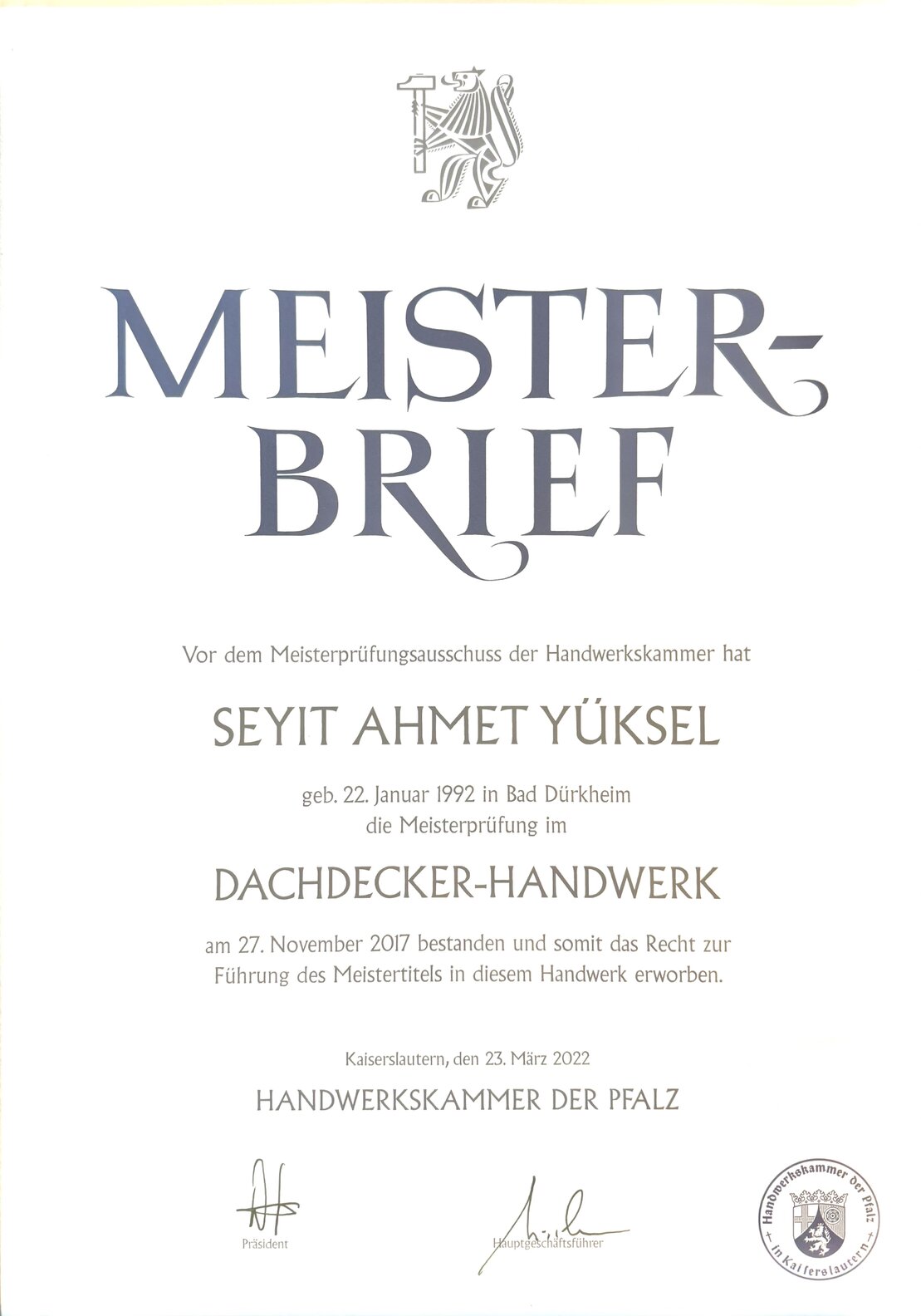 Meisterbrief im Dachdecker-Handwerk - Handwerkskammer der Pfalz